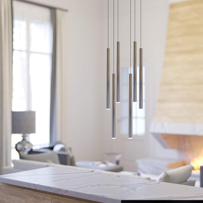 CANALIS 6 Mini Pendant Lighting Nickel - LED Hanging Light Fixture for Kitchen Island, Bar, Foyer - Cluster Pendants - Dimmable, Adjustable Wire, Lamp Bulb Included