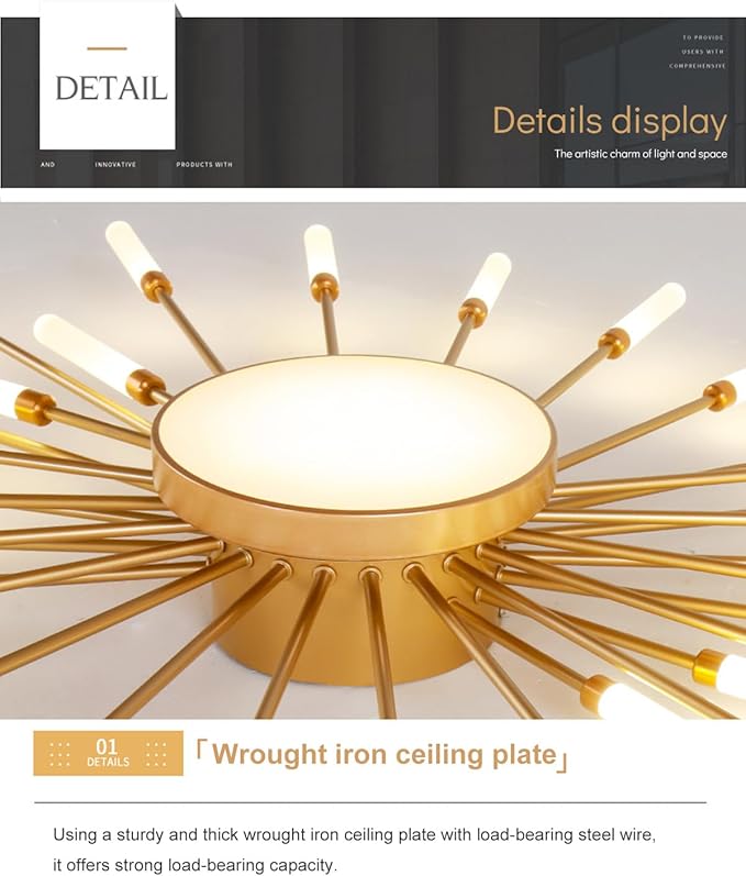 50 Inch Led Ceiling Light Fixture 30 Lights Modern Sputnik Ceiling Light Flush Mount Ceiling Lamp Gold Indoor Lighting for Living Room Bedroom 4000K Decorative Fireworks Chandelier