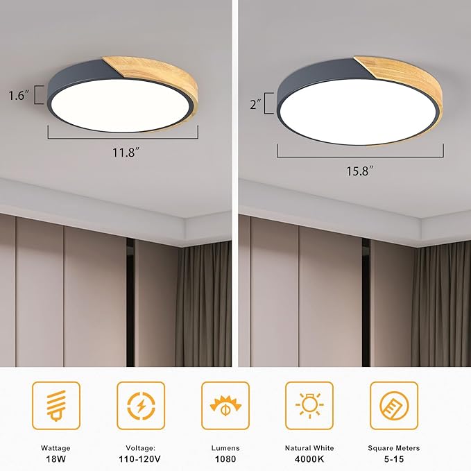 Vikaey Modern LED Ceiling Light, Minimalist Wood Flush Mount Ceiling Light Fixture, 4000K Not Dimmable, Circle Lighting Lamp with Acrylic Lampshade for Bedroom Dining Room Laundry (Grey, 11.8'')