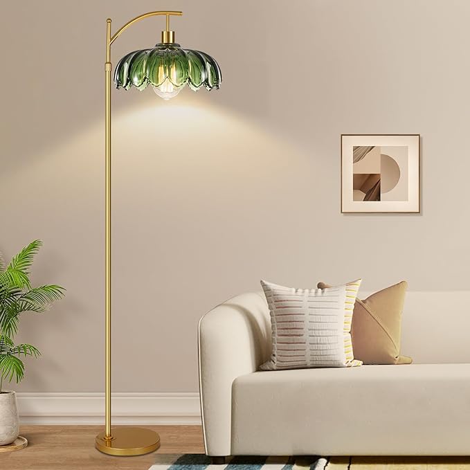 QIYIZM Gold Floor Lamp for Living Room,Bedroom,Mid Century Modern Standing Lamp with Remote,Dimmable Brass Tall Lamp Green Glass Lamp Vintage Retro Arc Floor Lamps Flower Floor Light Boho Bohemian