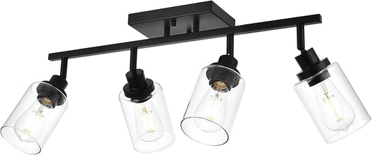 4-Light Track Lighting Kit Black Track Lighting Fixtures Bathroom Wall Sconces Ceiling Mount Kitchen Tracking Lights, Rotatable Spotlight with Clear Glass Shade for Kitchen Shop Hallway