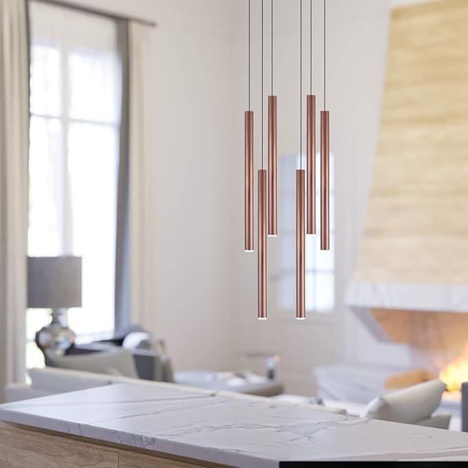 CANALIS 6 Mini Pendant Lighting Copper - LED Hanging Light Fixture for Kitchen Island, Bar, Foyer - Cluster Pendants - Dimmable, Adjustable Wire, Lamp Bulb Included
