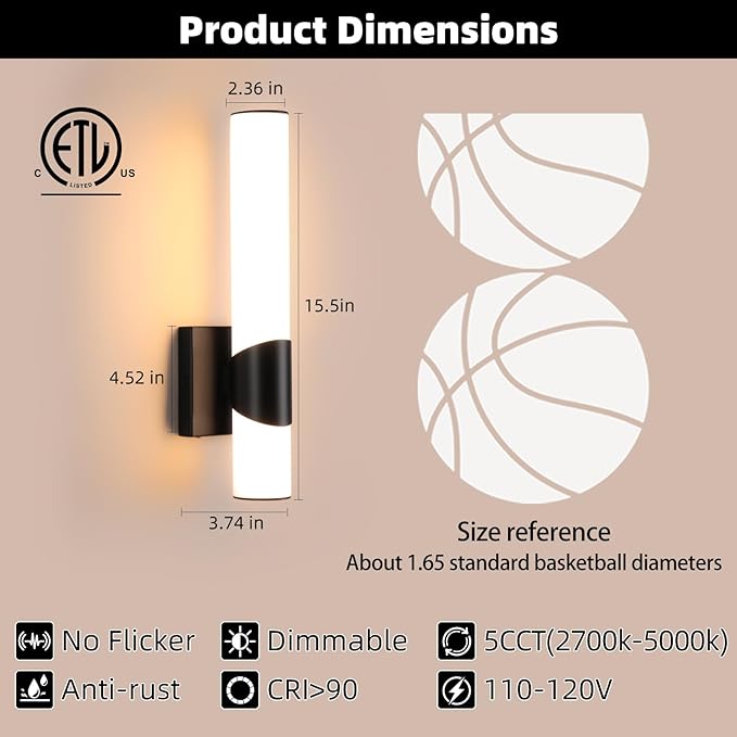 Black Wall Sconces Set of Two 15 inch 5CCT Dimmable Bathroom Sconce with Acrylic Shade LED Hardwired Wall Light Fixtures for Bathroom Living Room Bedroom Hallway, 2 Pack