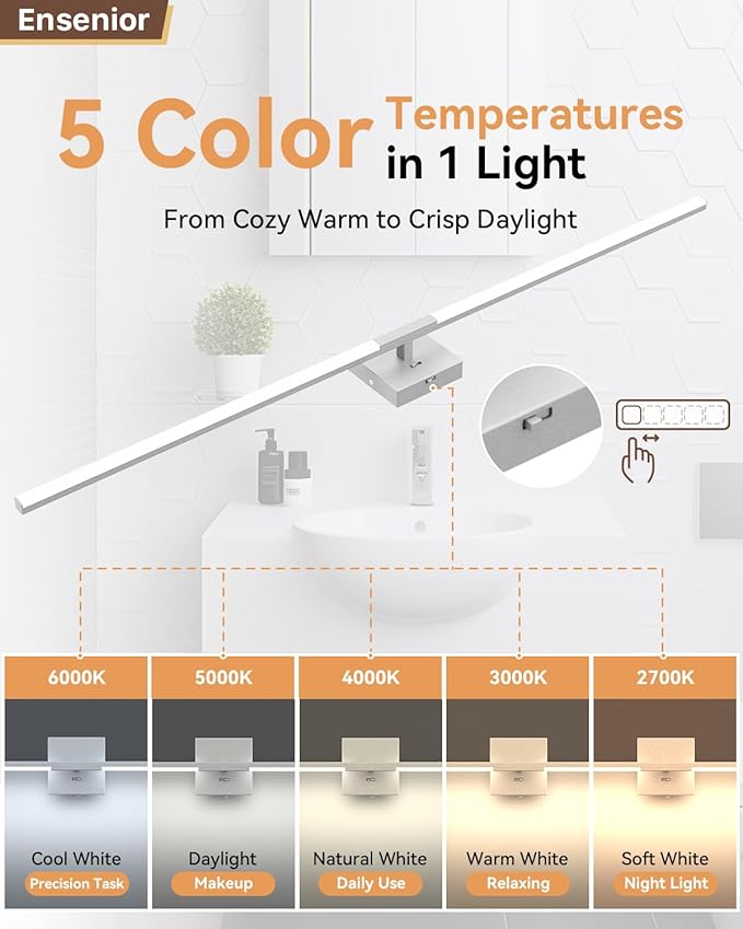 Ensenior Modern Bathroom Vanity Light 48 Inch, Built-in Dimmer, 28W Dimmable 5CCT LED Light Fixture Over Mirror, Baked-on Matte Grey Vanity Lights for Mirror Cabinets Bedroom - FCC & ETL Certificated