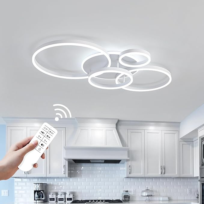 O'NEELDY Modern Light Fixtures Ceiling Flush Mount Modern Led Ceiling Lights 5-Light Dimmable Led Chandelier White Lamp with Remote for Bedroom Living Room Kitchen Dining Room, 100W