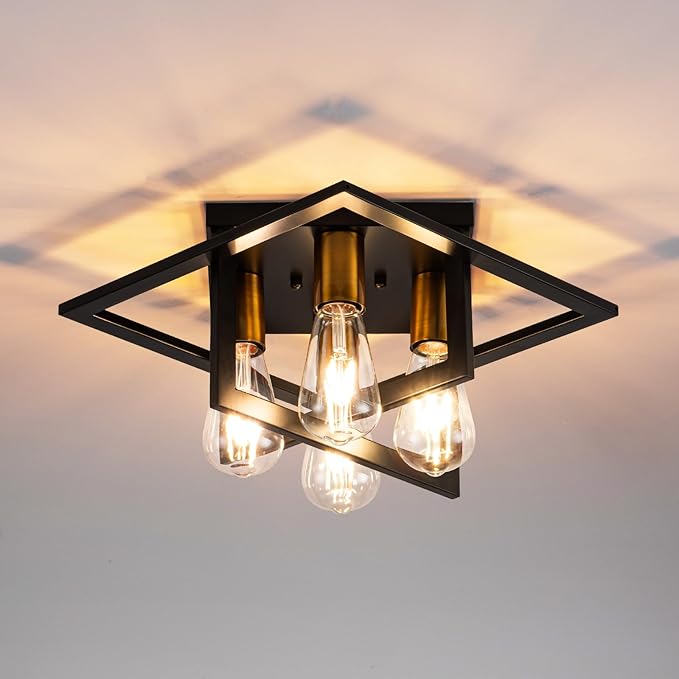 Semi Flush Mount Ceiling Light Fixture, 4 Light Industrial Ceiling Light,Black Frame & Gold Accent, Close to Ceiling Farmhouse Lighting for Kitchen, Bathroom, Bedroom, Hallway (E26,1-Pack)