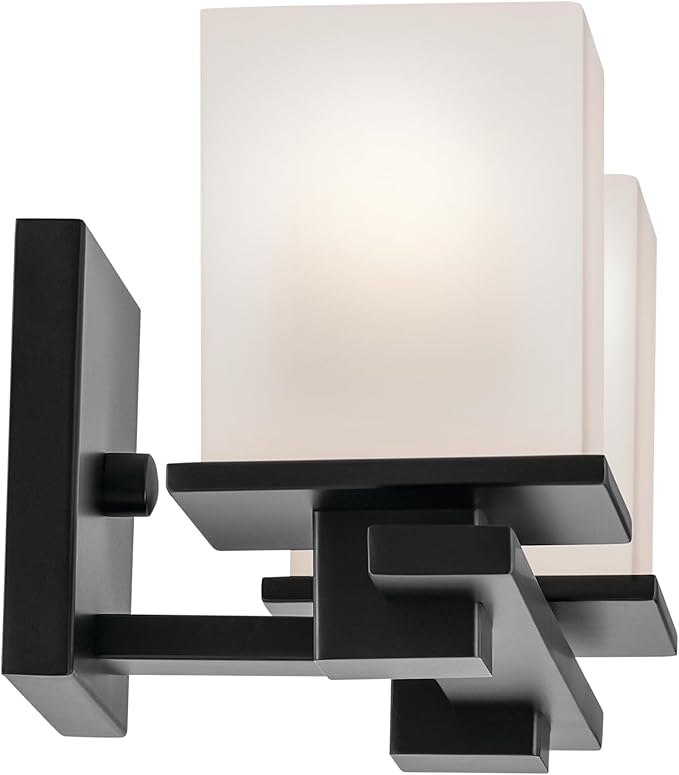 Kichler Tully 15" 2-Light Bathroom Vanity Light Fixture with Satin Etched Cased Opal Glass in Black for Over Mirror, Soft Modern Style Lighting (15" x 6.5" x 7"), 45150BK