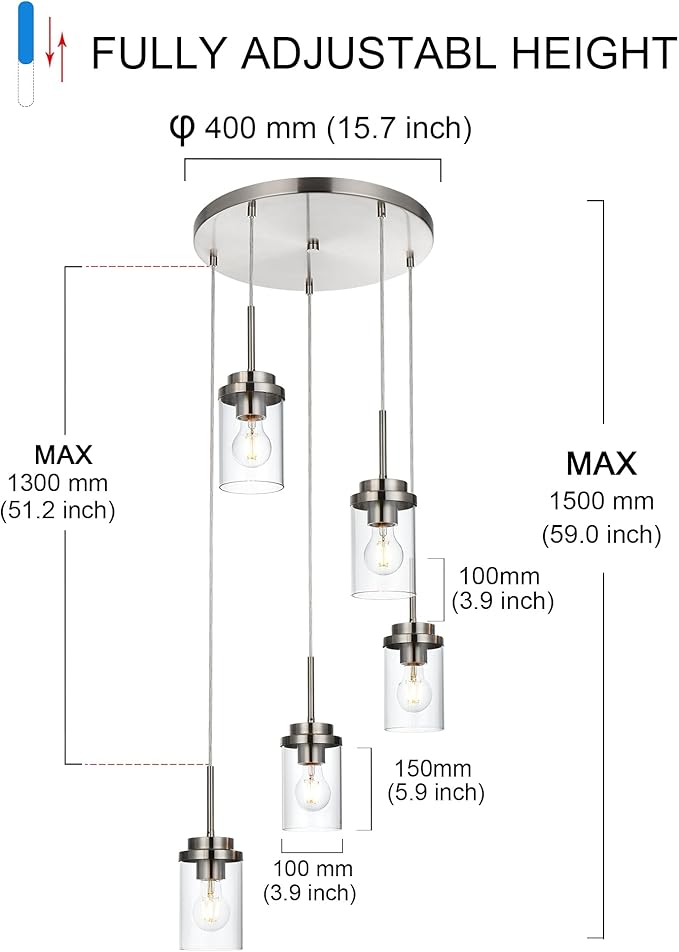 MELUCEE 5-Light Cluster Pendant Lights Stairwell Lighting Brushed Nickel Chandelier for Dining Room, Modern Kitchen Island Pendant Lighting Adjustable Hanging Ceiling Lamp with Clear Glass Shade