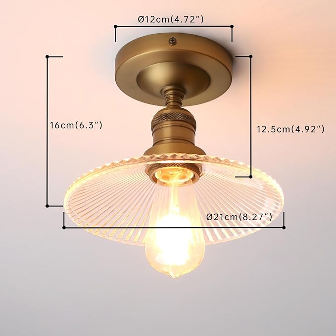 Industrial Semi Flush Mount Ceiling Light, Clear Striped Glass Lamp Shade Pendant Light Fixture, 1-Light Close to Ceiling Light Fixture for Hallway, Entryway, Kitchen, Bedroom