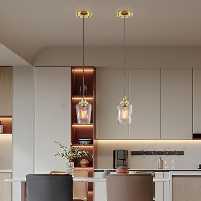 Ralbay Farmhouse Brushed Gold Pendant Light 2-Pack, Pendant Light Fixtures with Wine Clear Glass Shade, Kitchen Island Lighting for Dining Room, Rustic Adjustable Hanging Lighting Fixture