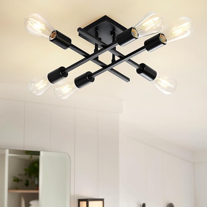 6-Light Semi Flush Mount Ceiling Light Fixture, Modern Black Sputnik Chandelier Lighting, Farmhouse E26 Stock Ceiling Lamp Kitchen Bedroom Living Room Entryway, Bulbs Not Included