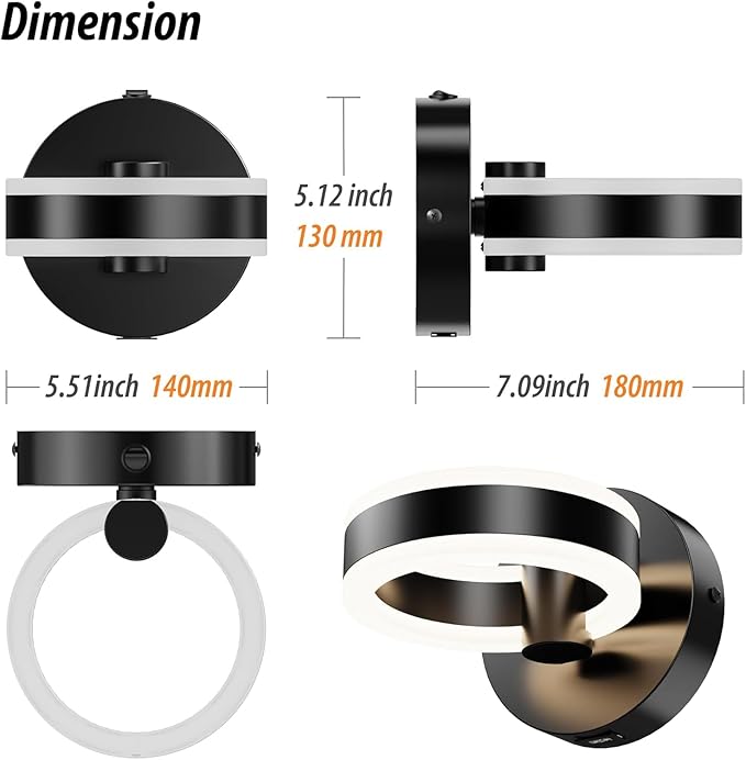 LED Wall Sconces Set of Two with ON/Off Switch, Matte Black Rotatable Hardwired Wall Light Fixtures, Built in USB Charging Port, Modern Wall Decor for Bed Lighting.