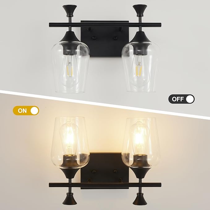 Bathroom Light Fixtures (2-Light, 14 Inch), Matte Black Vanity Lights for Bathroom with Clear Wine Glass Glass Shade, Modern Vanity Wall Lights for Mirror Bedroom Living Room Kitchen Hallway Porch