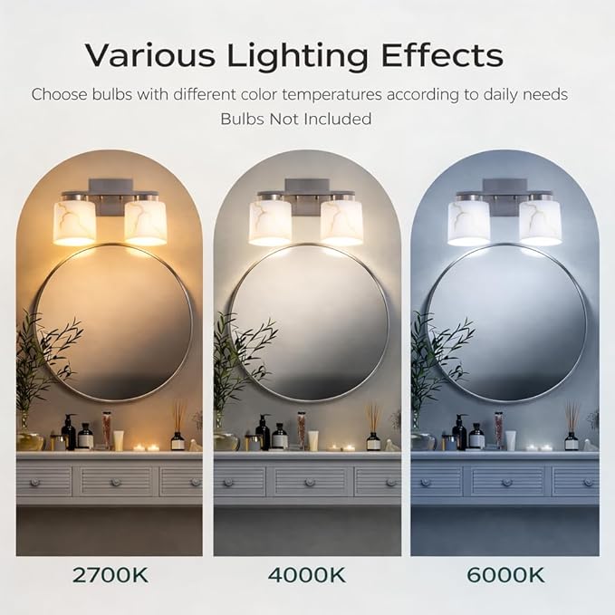 Brushed Nickel Bathroom Light Fixtures,Modern 2-Light Bathroom Vanity Light Over Mirror with White Marble Glass Shade,Wall Sconces Lighting for Bedroom Cabinet Kitchen Living Room