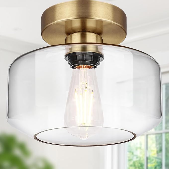 Lynnoland Industrial Semi Flush Mount Ceiling Light Brass, 800 Lumen LED Bulb Included, Clear Glass Shade Ceiling Light Fixture, Light Fixture for Hallway Bathroom Bedroom, Vintage Hanging Lighting