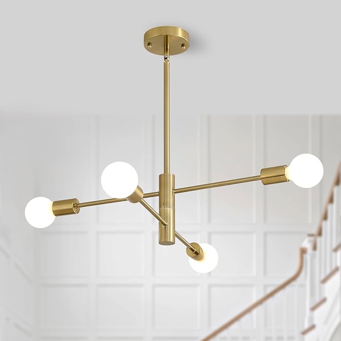 HHR Modern Sputnik Chandeliers, 4-Light Mid Century Modern Light Fixture, E26 Bedroom Chandelier Ceiling Light, Height Adjustable Hanging Pendant Lighting for Entryway Foyer Kitchen Island - Gold