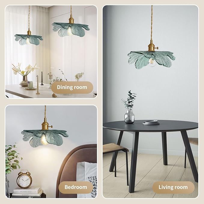 Modern Pendant Light Hand Blown 1-Light Large Glass Pendant Light Brass Pendant Lights Vintage Ceiling Hanging Lighting with Dark Green Glass Shade for Kitchen Island Dining Room Bedroom