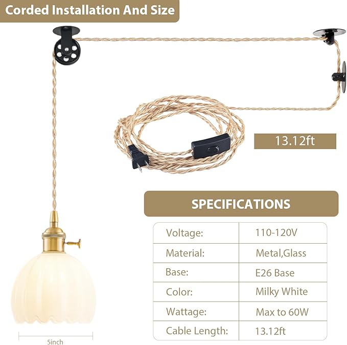 Plug in Pendant Light Fixtures, Hanging Light Fixture Vintage Glass Pendant Light, Mini Milk White Tulip Hanging Lamp, Pendant Lighting for Kitchen Island, Bedroom, Dining Room, Living Room