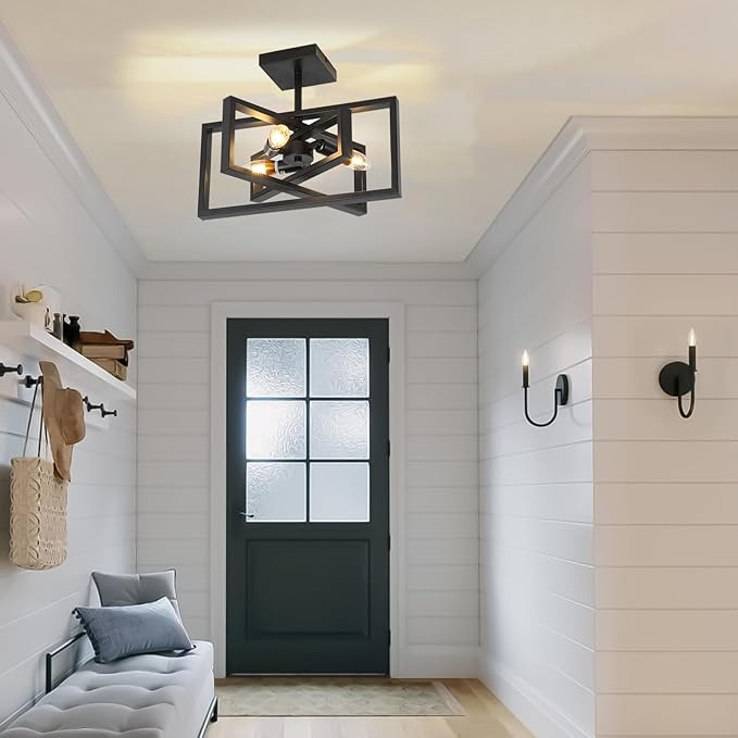 Farmhouse Black Ceiling Light 3 Lights Rectangular Chandelier with Metal Cage Semi Flush Mount Ceiling Light for Kitchen, Bedroom, Dining Room, Hallway, Foyer