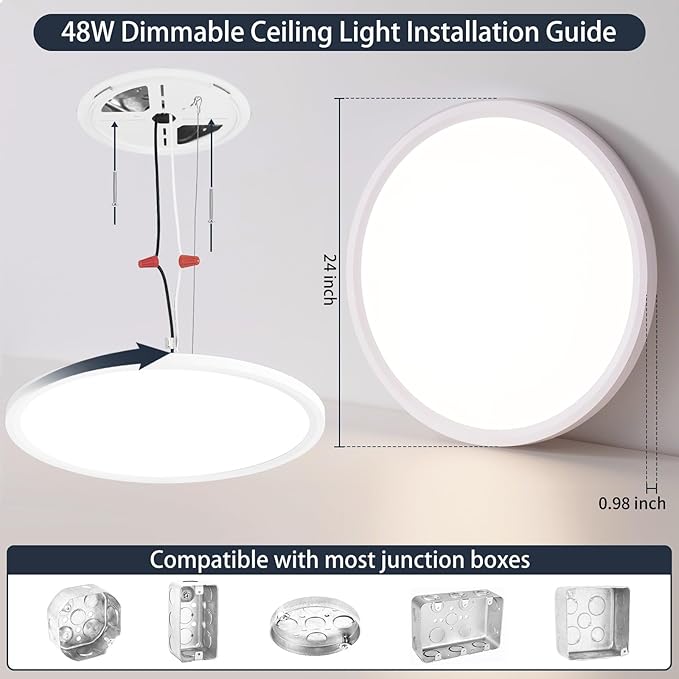 24 Inch Flush Mount Ceiling Light, Large 48W Dimmable LED Fixture 4800LM, 3000K/4500K/6000K Adjustable, Round Ceiling Lamp for Bedroom, Kitchen, Living Room, Dining Room, Bathroom, White