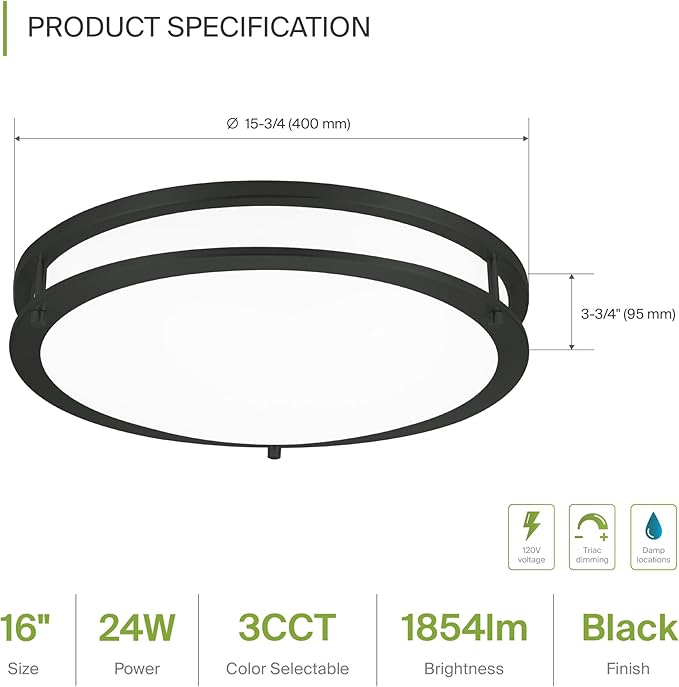 ASD LED 16" Round Flush Mount Lighting, Close to Ceiling Light Fixture | 3CCT, Dimmable, Energy Star, ETL Listed | 24W 1854LM 3000-5000K 120V | Low Profile Double Ring Lamp | Black, 4 Pack