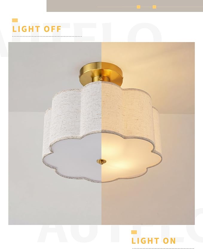 AUTELO 12.6 Inch Semi Flush Mount Ceiling Light,3-Light Brushed Gold Modern Ceiling Light with Flower-Shaped White Fabric, Kitchen Ceiling Light for Bedroom Hallway, C2507 BGS-8