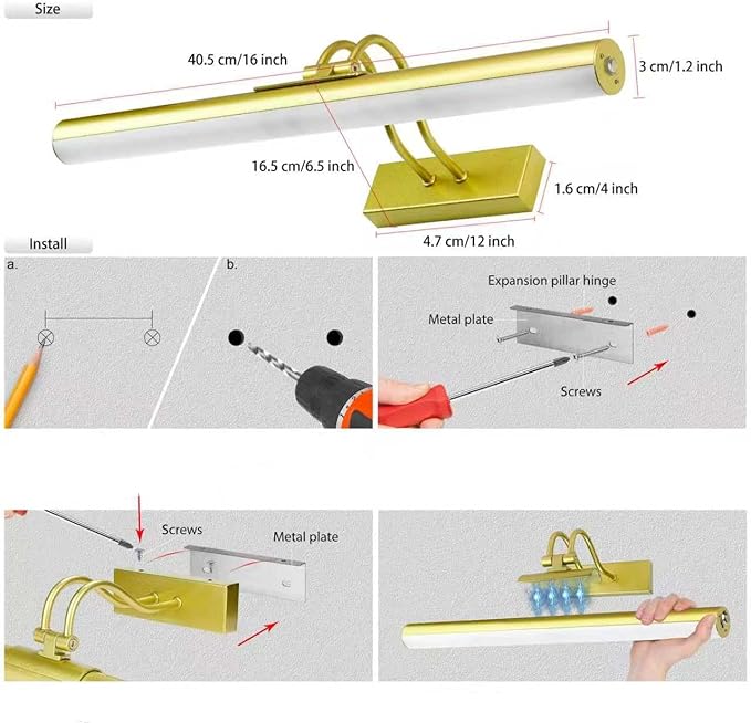 RAIFOOLLY Picture Light,Magnetic Wall Light,16inch Art Light,5000mAh Battery Accent Light with Remote Timer and Dimmable for Painting, Frame, Portrait, Artwork - Gold