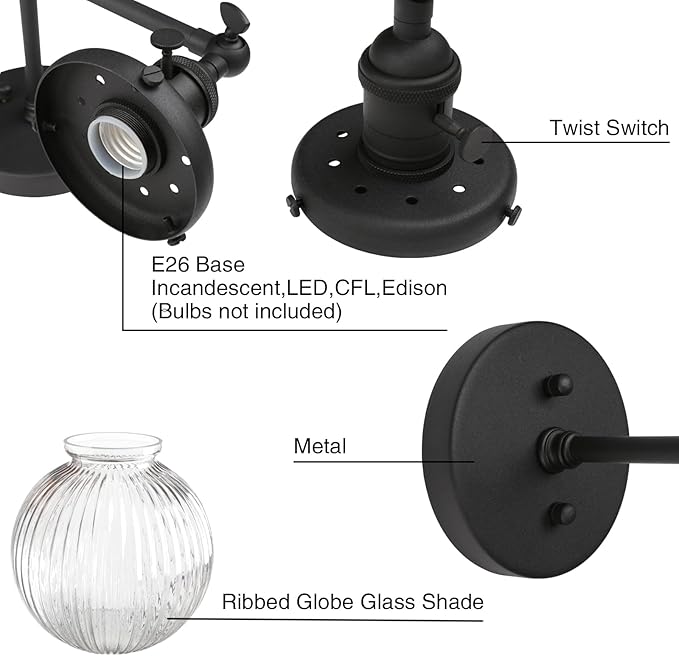 PERMO 2 Lights Sconce Industrial Wall Sconce Lighting with Ribbed Globe Glass Lampshade Vintage Double Sconce Hardwired Wall Sconce with Switch