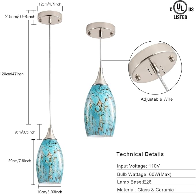 Kitchen Pendant Lighting for Island, Modern Edison Hanging Light with Handcrafted Art Glass, Adjustable Nylon Core Ceramic Holder Lighting Fixture Indoor for Dining Room, Entryway (Bulb Not Included)