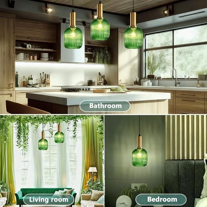Stunning Green Striped Glass Pendant Light Fixture, 7.87", Bonus 2 A60 Bulbs Included, 2-Pack with Flexible Cords – Enchanting Addition to Kitchen Island, Bedroom Décor