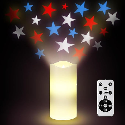 4th of July Flameless Candles Patriotic Projector Lights Red White Blue LED Candle Star Battery Operated Night Light with Remote Timer 250th Anniversary Independence Day Party Indoor Bedroom Decor