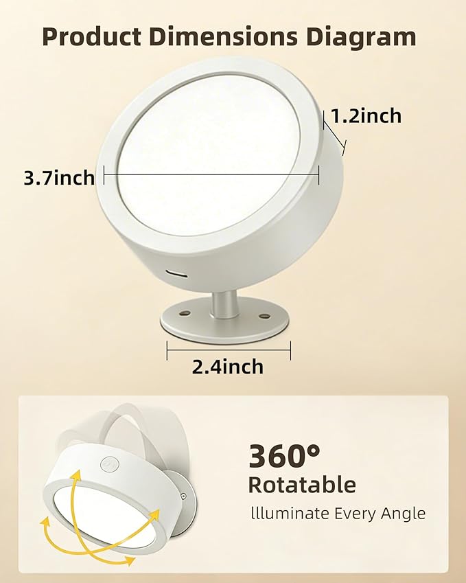 EZVALO LED Wall Mounted Lights, 5500mAh Rechargeable Wall Sconces Lamp, 3 Color Temps & Remote and Touch Control, 360°Rotation Dimmable Cordless Wall Light for Bedroom Reading Study (2 Pack White)