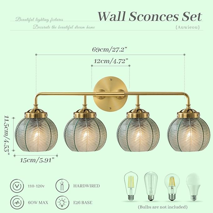 4-Light Vintage Bathroom Vanity Lights – Gold Wall Sconce with Green Glass Shades, Mid Century Modern Art Deco Lighting for Mirror, Living Room, Bedroom