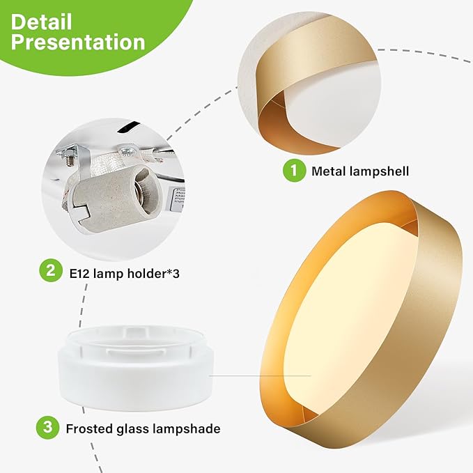 Modern Glass Gold Flush Mount Ceiling Lights, 16.5" Minimalist Round Ceiling Lighting, Drum Close to Ceiling Light Fixtures for Living Room, Bedroom, Dining Room, Kitchen, Hallways