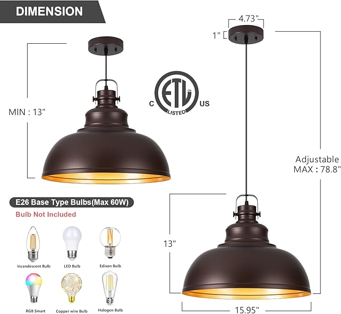 Refice 16 Inch Farmhouse Pendant Lights Kitchen Island Oil Rubbed Bronze Pendant Lighting Industrial Dome Island Pendant Lights, Adjustable Height, Hanging Lights, Dining Room, Barn