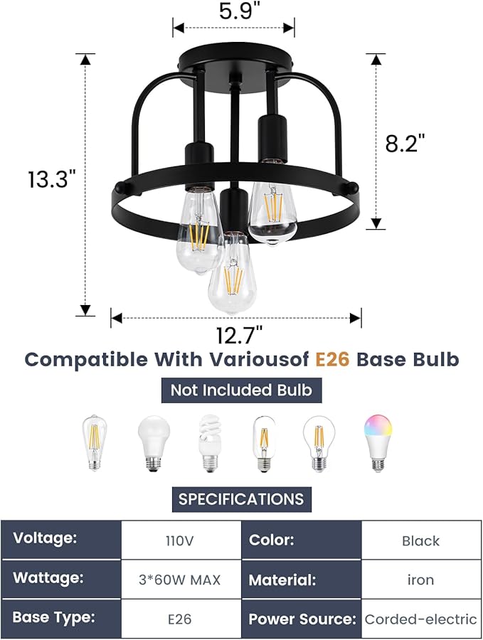 3 Light Industrial Ceiling Light Black Semi Flush Mount Lights Close to Ceiling Light Fixtures,cage Design Farmhouse Ceiling Lighting for Kitchen Bedroom Bathroom Foyer Hallway (E26, 1Pack)