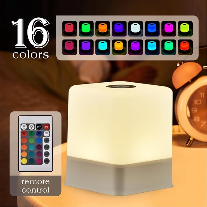 Portable Baby Night Light，Touch Lamp for Bedroom, Rechargeable 2400mAh Small LED Table Lamps, Remote Control, Multi-Color Square Nightstand Lamp,Breastfeeding, Sleep Aid,