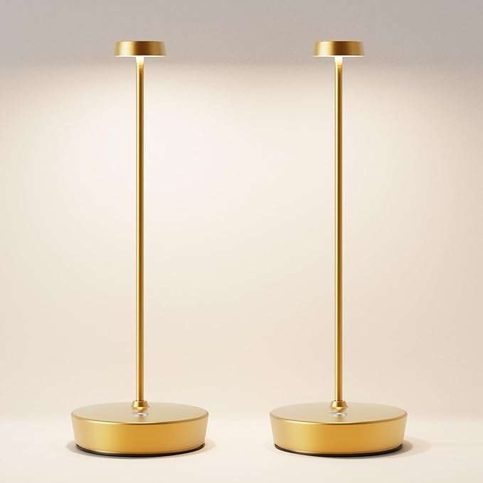 Cordless LED Table Lamp，Rechargeable Battery Desk Lamps, 3 Color Stepless Dimmable Metal Battery Table Lamps, Portable Waterproof Table Light for Indoor/Outdoor/Restaurant (2Pack Brass)