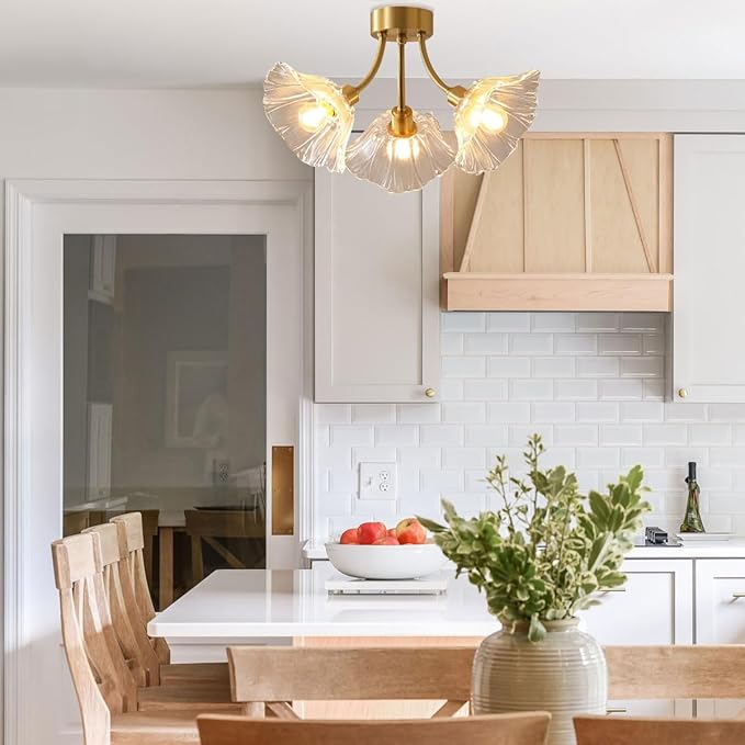 Gold Brass Flush Mount Ceiling Lights Glass Chandelie 3-Lights Clear Flower Glass Shade Mid Century Modern Close to Ceiling Light Fixtures Sputnik Overhead Light Dining Room 2-Pack