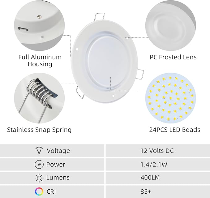 RV Boat Recessed Ceiling Light, 4.5Inch RV Interior Puck Light 12V, 600LM Camper Lighting Fixture for Motorhome Caravan Trailer Boat