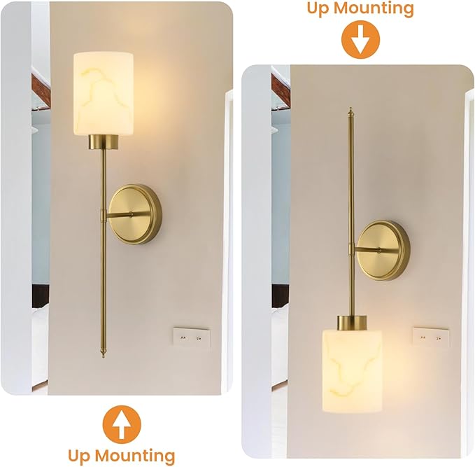 Gold Wall Sconces Set of 2 with Marble Glass Shade, Modern Bathroom Vanity Light Fixtures for Bedroom, Hallway, Entryway, Living Room
