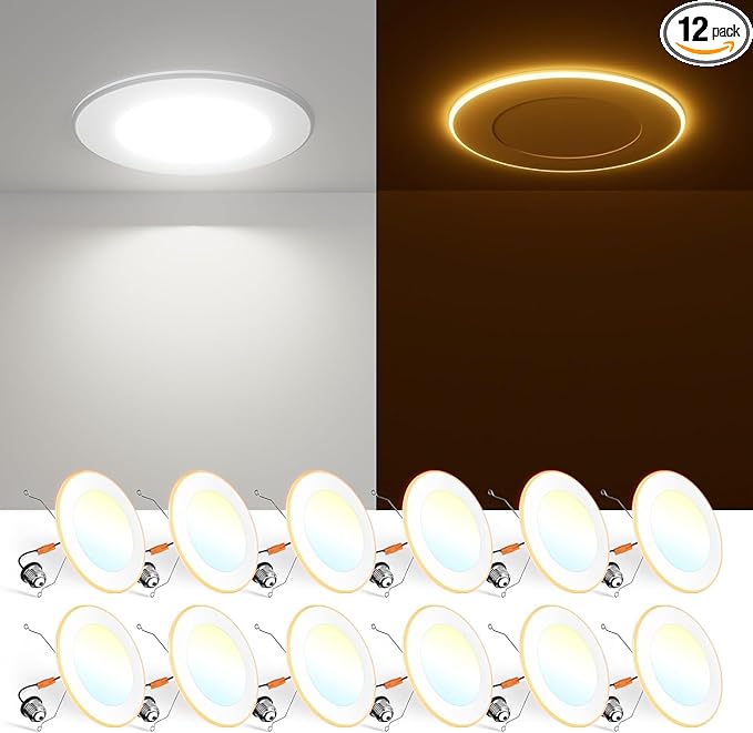 FREELICHT 12 Pack 5/6 Inch 5CCT LED Recessed Can Light with Night Light, 2700K/3000K/4000K/5000K/6000K Selectable Flat Recessed Lighting, 10W=110W, 1000LM, Dimmable Retrofit - ETL & FCC