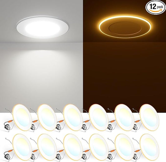 FREELICHT 12 Pack 5/6 Inch 5CCT LED Recessed Can Light with Night Light, 2700K/3000K/4000K/5000K/6000K Selectable Flat Recessed Lighting, 10W=110W, 1000LM, Dimmable Retrofit - ETL & FCC