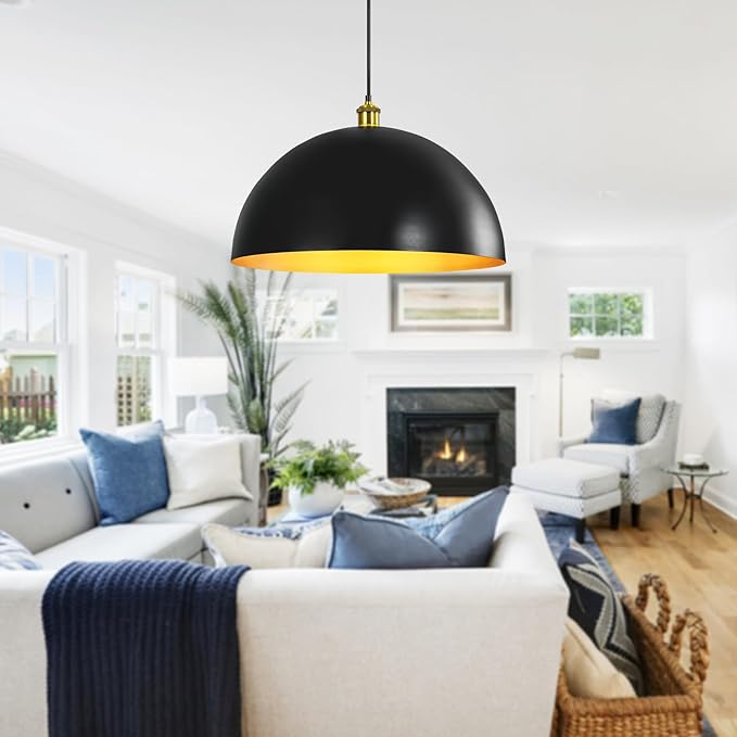 Black-Farmhouse Pendant-Light Hanging-Lamp Fixtures - 16 inch Kitchen Island Pendant Lights Industrial Dome Ceiling Lighting Dining Room Large Vintage Light for Indoor Black and Gold