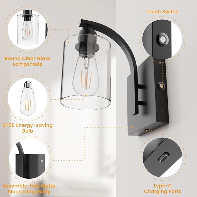 LGMCF Battery Operated Bathroom Sconces Set of 2 Non-Hardwired Modern Magnetic Rechargeable Wall Sconces Matte Black Wall Lighting Fixtures with Clear Glass Shade for Bathroom Bedroom and Living Room