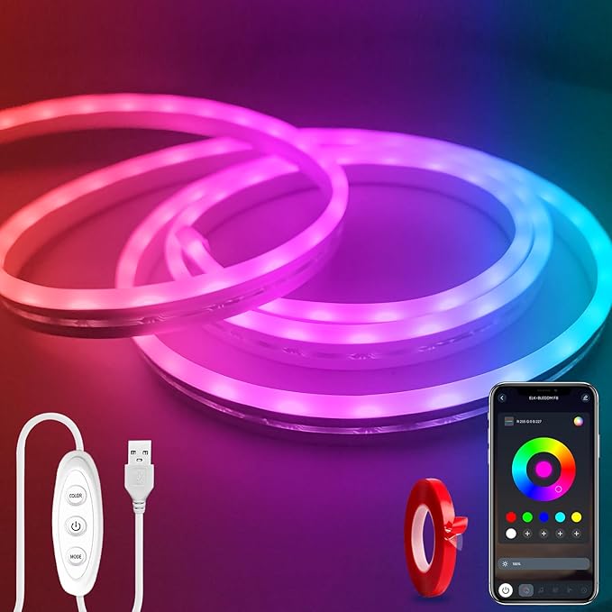 LED Neon Lights，6.6ft USB Powered LED Strip Lights，5V Music Sync Color Changed Rope Light with APP Control，IP65 Waterproof RGB Rope Lights for Bedroom，Cabinet,Kitchen (with Adhesive Backing)