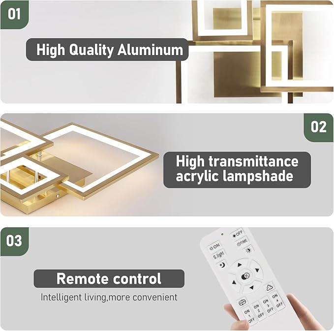 Modern Gold Led Ceiling Light 3-Square Design 3000K-6500K Dimmable LED Ceiling Light with Remote 33W Acrylic Ceiling Lighting Fixture for Bedroom Kitchen Dining Room Office Lamps