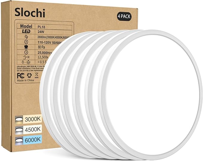 slochi 6PACK LED Flush Mount Ceiling Light Fixture, 12Inch 28W LED Light, Dimmable & 3000K/4500K/6000K 3 Color Adjustable Round Light 3200LM Low Profile Ceiling Light Fixtures for Kitchen Bedroom
