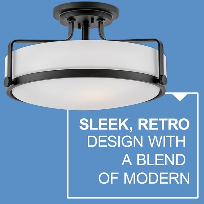 Hinkley Harper 3643BK Large Semi-Flush Ceiling Light, Sleek, Retro Style, Black and Etched Opal Glass
