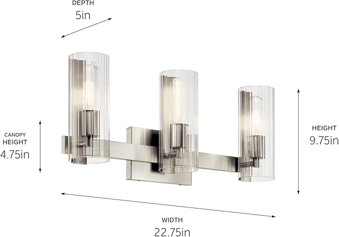 Kichler Jemsa 3-Light Bathroom Vanity Light Fixture, Modern Wall Mount with Clear Fluted Glass in Brushed Nickel for Powder Room or Mirror (9.75" x 22.75"), 55168NI